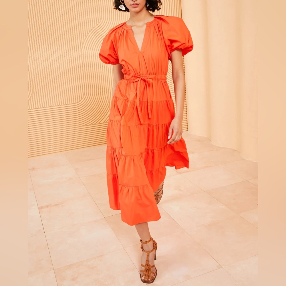 Ulla Johnson Olina Tiered Puff-Sleeve Midi Poplin Dress, Size 8